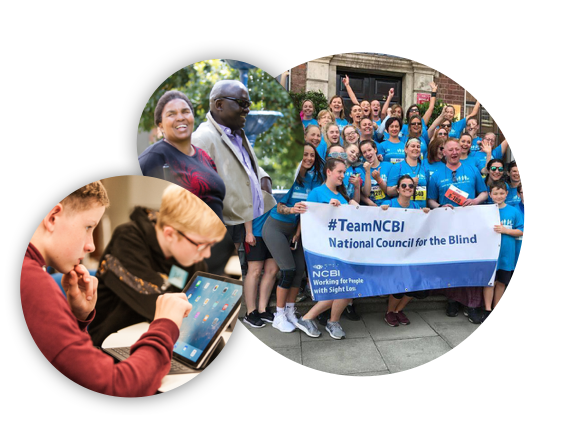 3 images, one of a child using an ipad, one of two people laughing, and one of team Vision Ireland at the VHI mini marathon