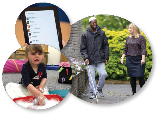 3 images depicting young child with visual impairment, adult using ipad and adult undergoing long cane training