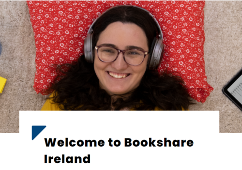 Photo of a girl using a head phone, written Welcome to bookshare Ireland