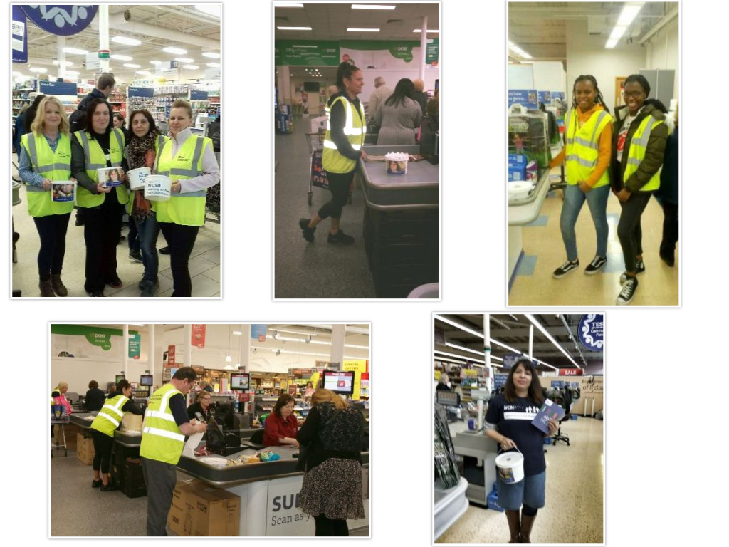 Collage of five images of people at Vision Ireland Tesco Bag packs
