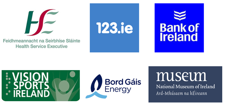 Company logos for: HSE, 123.ie, Bank of Ireland, Vision Sports Ireland, Bord Gáis, National Museum of Ireland
