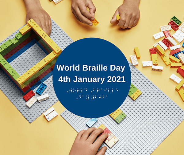 hands playing with lego and text World Braille Day 4th January 2021