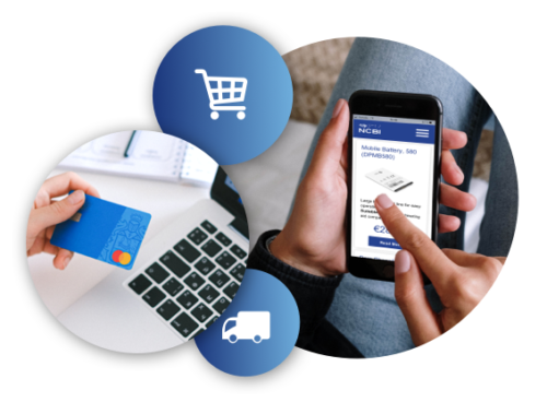 Hand holding a credit card, shopping cart icon, truck icon, and a person browsing through the Vision Ireland online shop