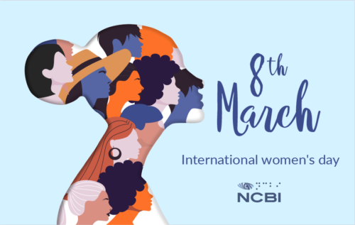 An drawing of a woman's silhouette with the silhouettes of different women drawn within it. text: 8th March international womens day and Vision Ireland logo