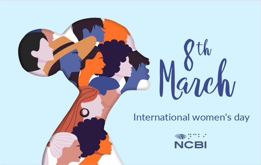 An drawing of a woman's silhouette with the silhouettes of different women drawn within it. text: 8th March international womens day and Vision Ireland logo