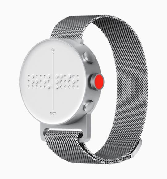 Dot Watch Braille Watch, in white and grey, with 4-cell tactile display