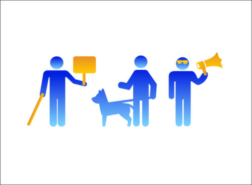 blue person holding a long cane and a sign, another blue person with their guide dog, and a third blue person wearing glasses and holding a speaker