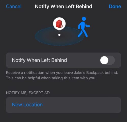 iPhone screen showing Notify when left behind on/off toggle
