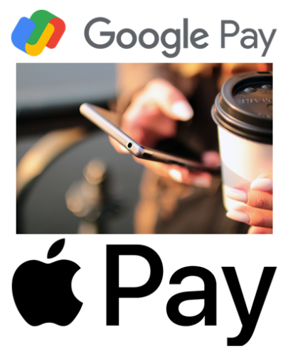 Google and Apple Pay logos next to smartphone