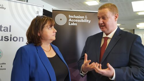 IA Labs Director Kyran O'Mahony speaks to Minister for State for Disability Anne Rabbitte TD at the launch of the Digital Accessibility Index