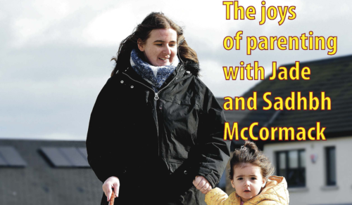 Vision Ireland inSight Summer 2022 cover which features Jade McCormack is walking with her white cane alongside her daughter Sadhbh through a housing estate. The headline on the front page reads The joys of parenting with Jade and Sadhbh McCormack.