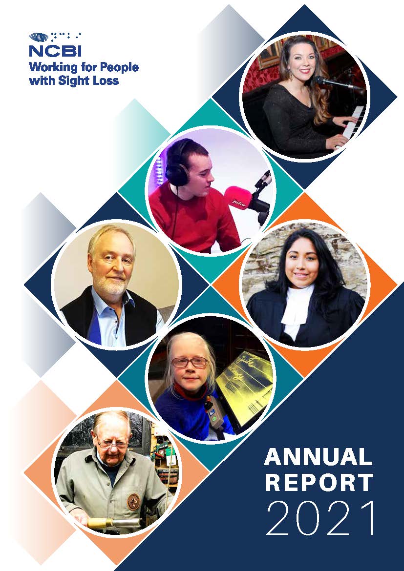 The Vision Ireland logo is carried at the top left hand side of the cover of the Vision Ireland Annual Report 2021. In the middle of the page is a colourful design which has six pictures of our six case study subjects inserted into diamond shaped designs.