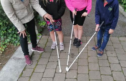 An Vision Ireland staff member on the left of the image is directing three young kids in training about how to use their long canes. Each of the children has their canes angled inward so the tips of the canes are touching on the ground.