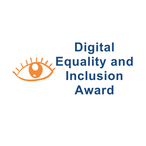 A version of the Vision Awards logo, which has the orange eye animation to the left, while the text on the right reads Digital Equality and Inclusion Award