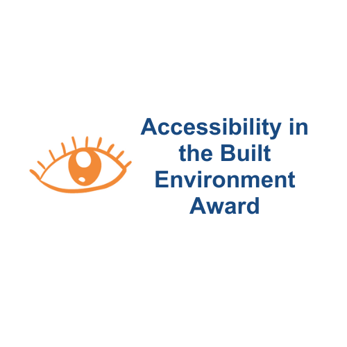 A version of the Vision Awards logo, which has the orange eye animation to the left, while the text on the right reads Accessibility in the Built Environment Award