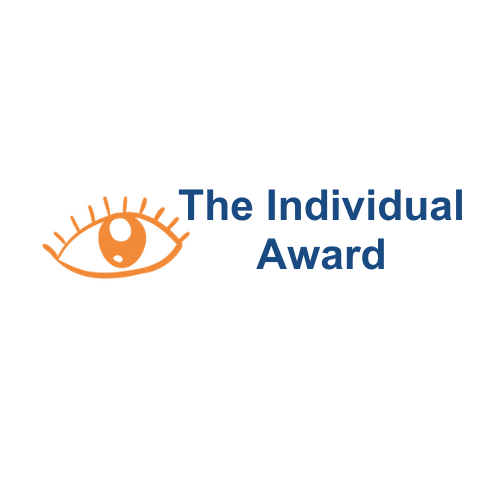 A version of the Vision Awards logo, which has the orange eye animation to the left, while the text on the right reads The Individual Award