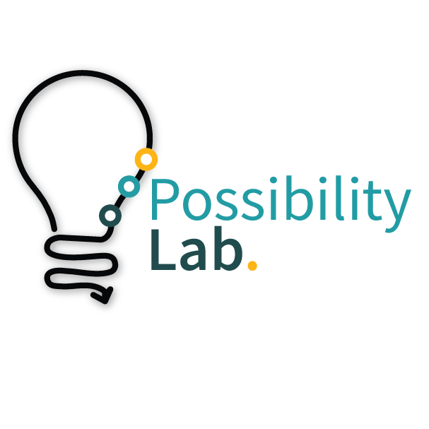The Possibility Lab logo has a light bulb design on the left. The lightbulb has three circles along its rim and they are a orange, light green and dark green. The words Possibility Lab are to the right of the bulb and possibility is in light green and Lab is in dark green.