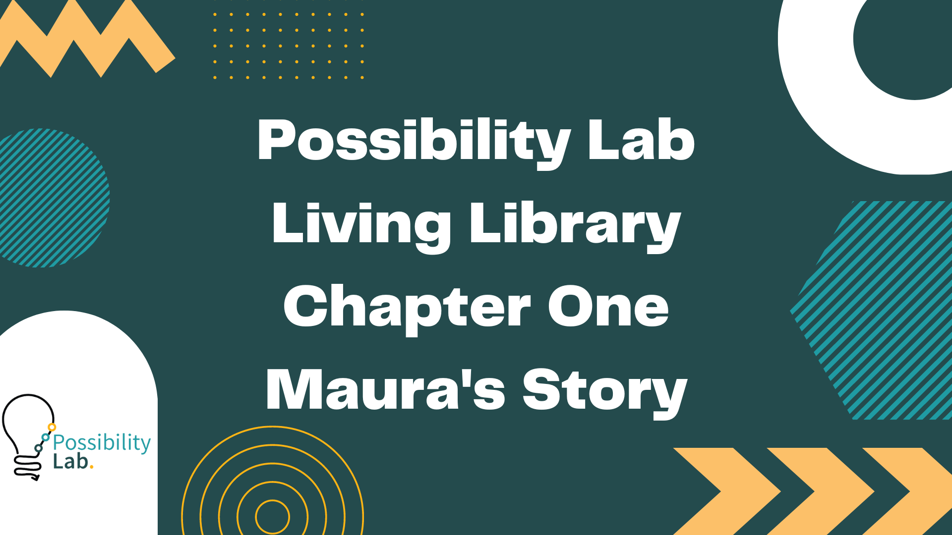 A slide from our living library videos. It has a green background and squiggle designs in white, lighter green and orange. The possibility lab logo is on the bottom left and text on the slide reads Possibility Lab Living Library Chapter One Maura's Story