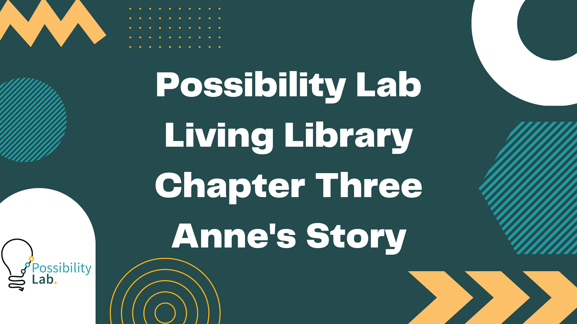 A slide from our living library videos. It has a green background and squiggle designs in white, lighter green and orange. The possibility lab logo is on the bottom left and text on the slide reads Possibility Lab Living Library Chapter Three Anne's Story