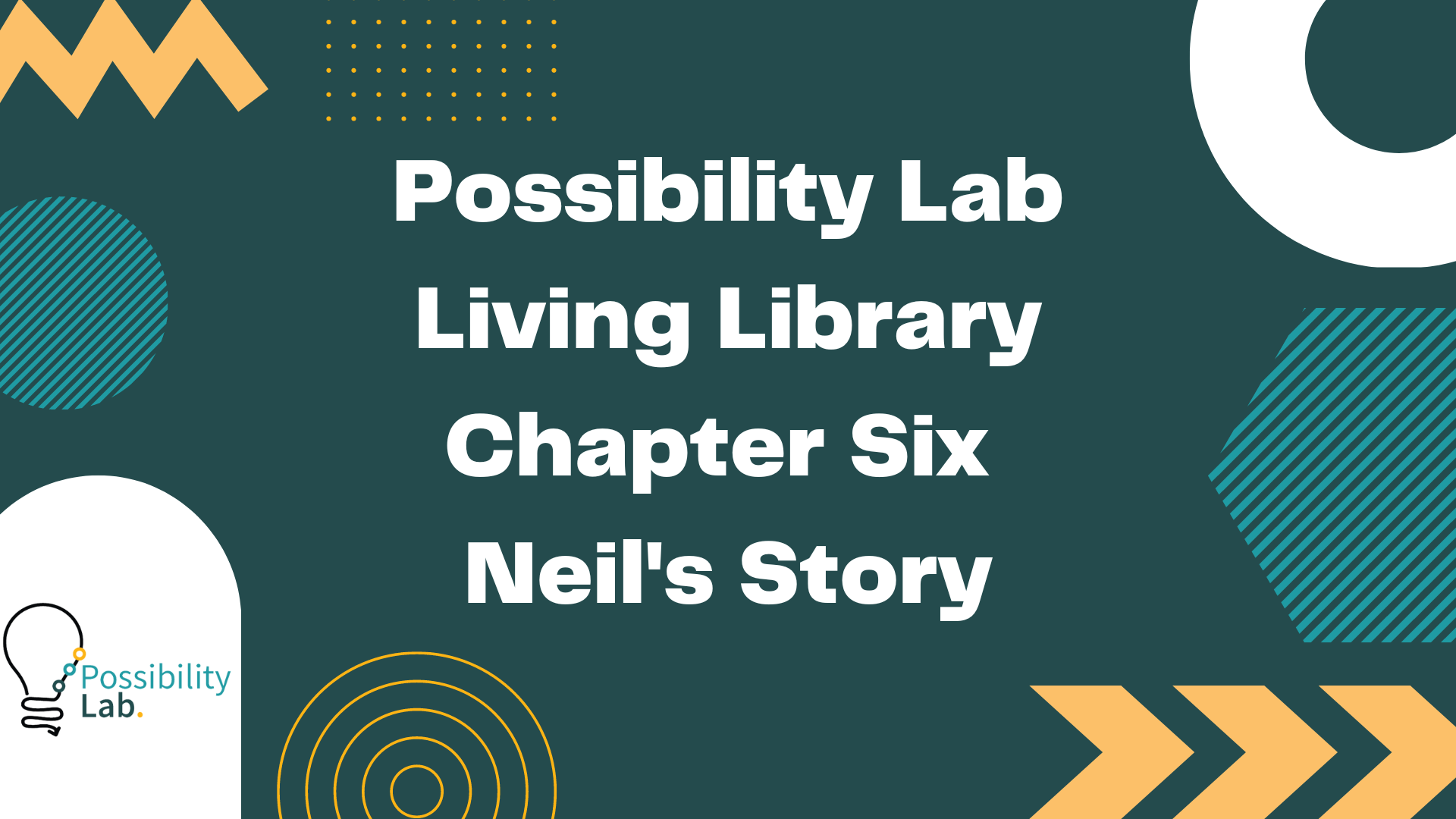 A slide from our living library videos. It has a green background and squiggle designs in white, lighter green and orange. The possibility lab logo is on the bottom left and text on the slide reads Possibility Lab Living Library Chapter Six Neil's Story