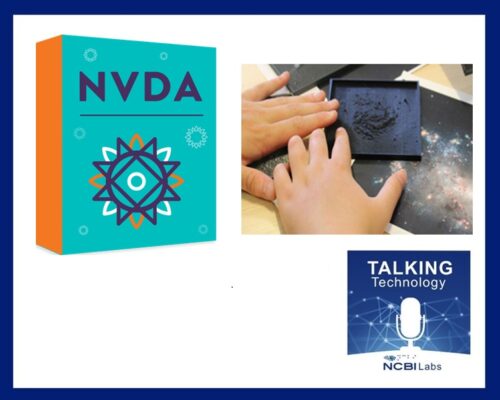 NVDA logo and Tactile map of stars positioned above the Talking Technology with Vision Ireland Labs logo