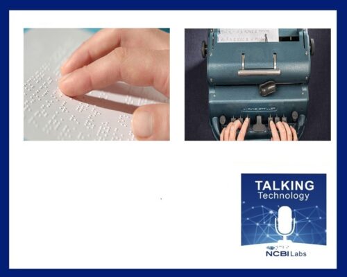 Talking Technology logo next to fingers reading Braille and fingers on Perkins Brailler