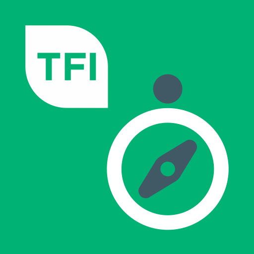 TFI app logo consisting of the text 'TFI' and illustration of a compass set in front of a dark green background