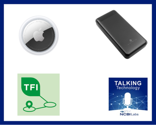 Apple AirTag, Energrid portable charger (black), TFI app logo, Talking Technology logo