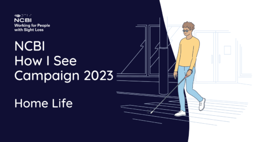 The Vision Ireland How I See over picture has a navy and white background. The Vision Ireland logo is in the top left of the image, while a clip art image of a man with a white cane walking across a road crossing is over to the right of the image. The text on the image reads How I See Campaign 2023 Home Life.