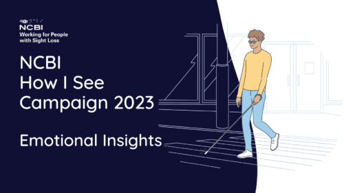 The Vision Ireland How I See over picture has a navy and white background. The Vision Ireland logo is in the top left of the image, while a clip art image of a man with a white cane walking across a road crossing is over to the right of the image. The text on the image reads How I See Campaign 2023 Emotional Insights.