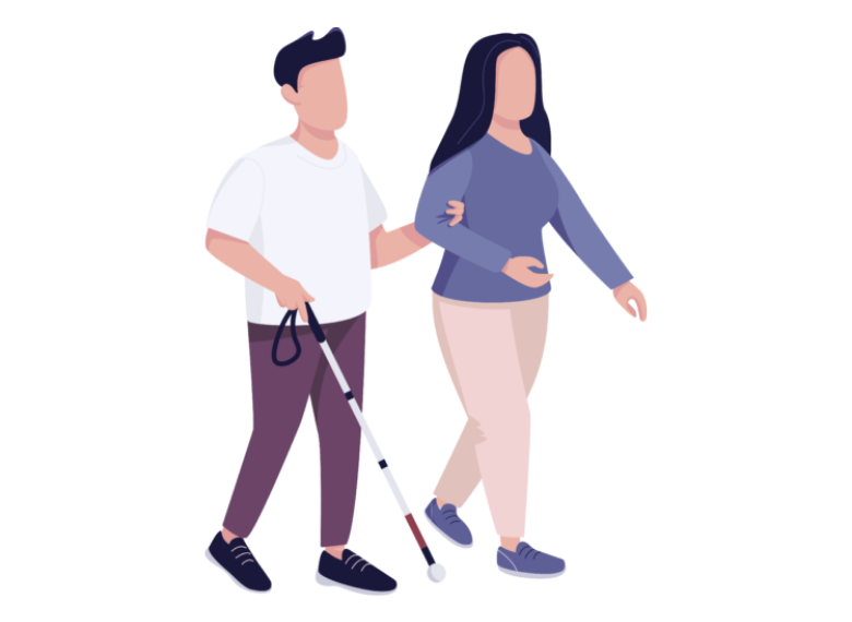 Image of Man using white cane and being guided by woman