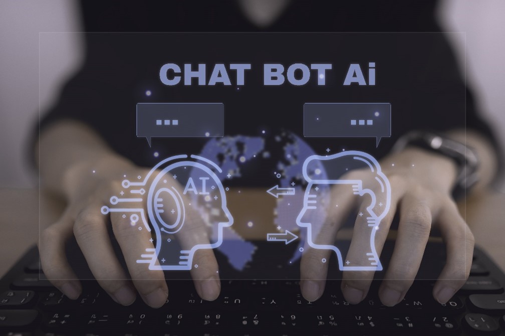 CHAT BOT AI in purple writing above hands typing on a keyboard