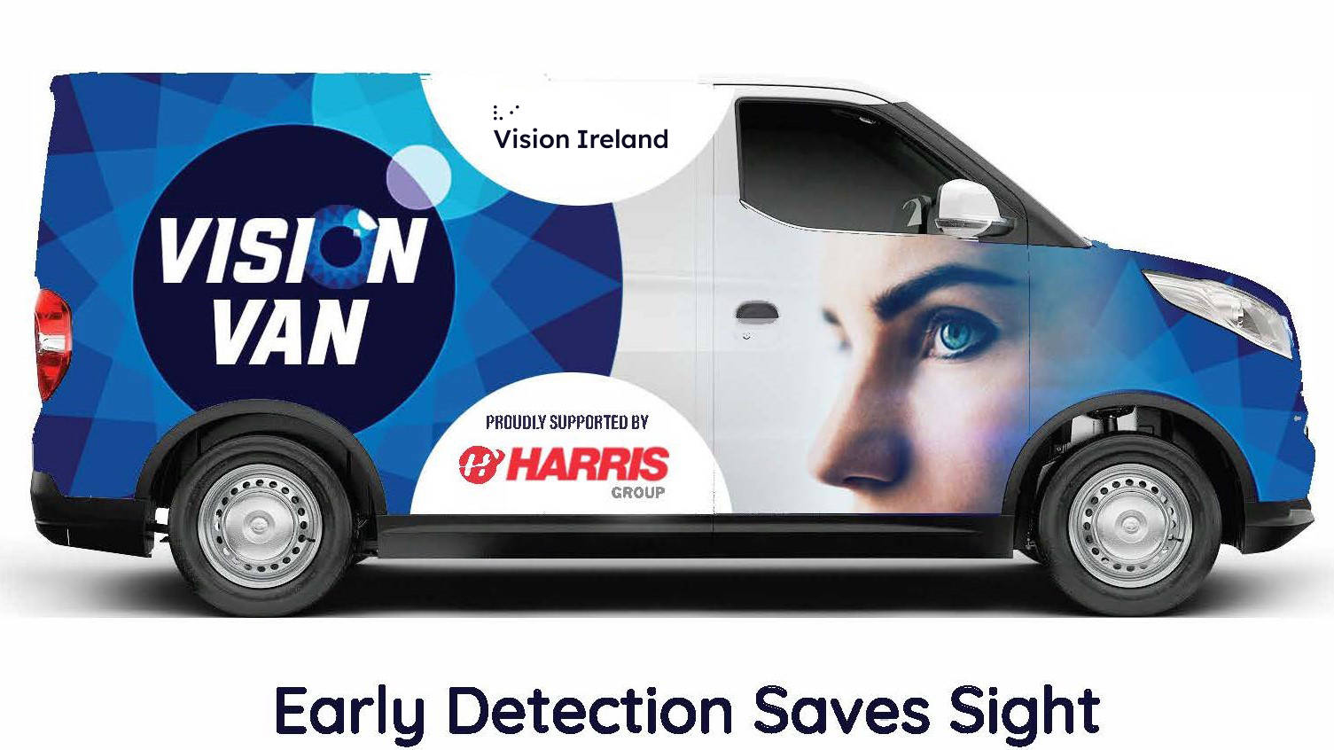 image of a vision van with Vision Ireland and harris transport logo with a woman's face on the van