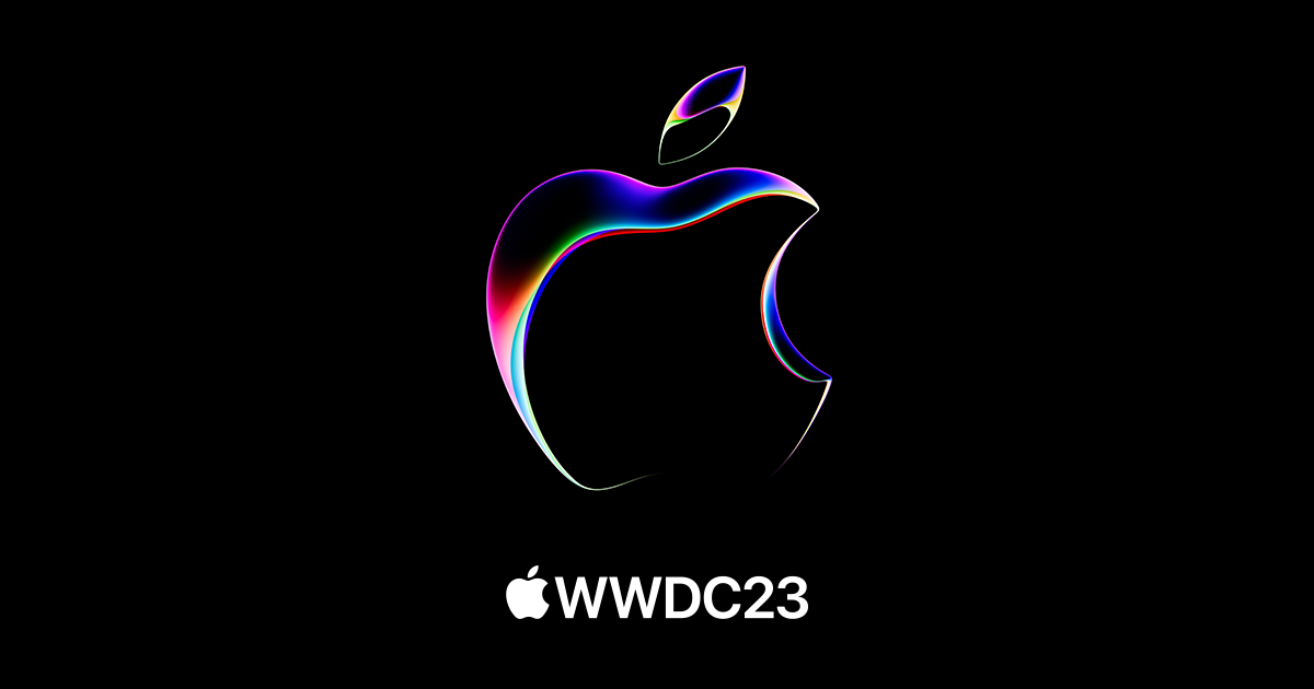 Apple WWDC23 logo featuring the Apple logo in a spectrum of colours above text that reads "WWDC23" in white writing