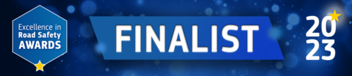 This long blue banner graphic has the word Finalist in the middle with the European Commission Excellence in Road Safety Awards logo on the left and the year 2023 on the right.