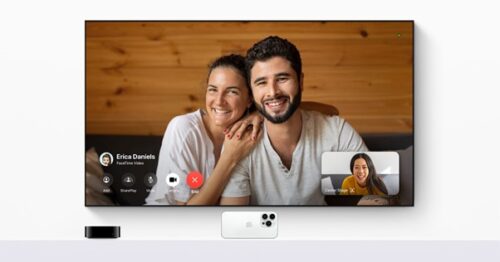 Woman and man on FaceTime call on Apple TV