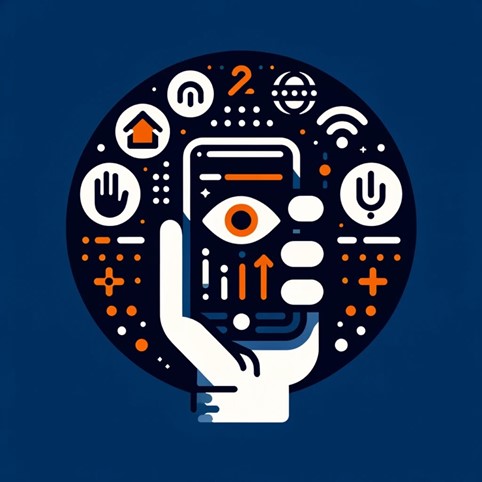 Illustration on a dark blue background. It features a large circle filled with various icons and symbols, and a hand holding a smartphone. The colour scheme is mainly dark blue, white, and orange.