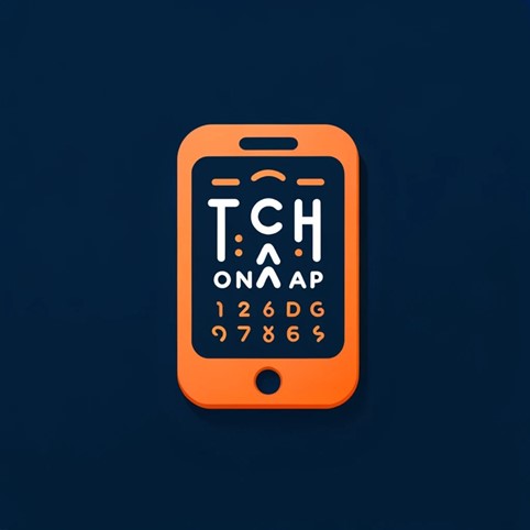Illustration of a smartphone against a dark blue background. The smartphone is depicted in an orange color. On the screen of the smartphone, there is a stylized eye chart similar to the ones you might see at an optometrist's office.