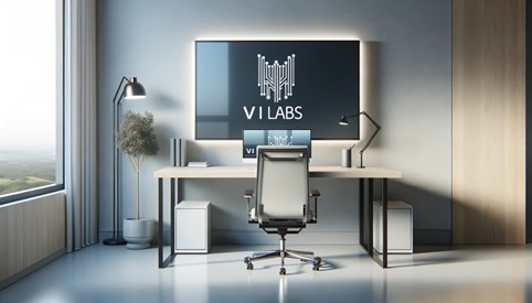 Office room with large windows. There is an office chair in front of a desk. On the wall above the desk, there is a large frame with a diagram containing the text "V I Labs".