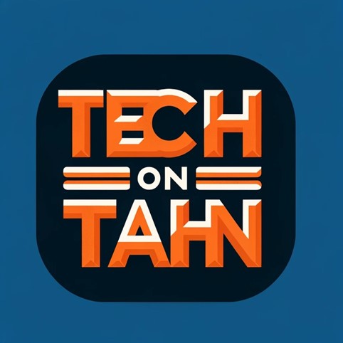 Square logo with rounded corners. The background colour of the logo is dark blue. The logo has text in bold, block letters that say "TECH ON TAHN". The text is in bright orange.