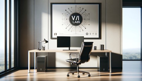 Office room with large windows. There is an office chair in front of a desk. On the wall above the desk, there is a large frame with a diagram containing the text "V/I LABS".