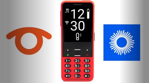 BlindShell Classic 2 phone in red next to BlindShell logos