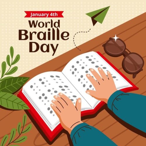 Pair of hands over a Braille book next to title that reads January 4th World Braille Day