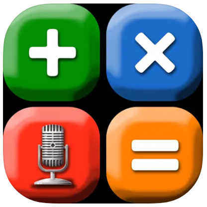 Talking Calculator app logo featuring 4 squares in green, blue, red and orange. Each square has a maths symbol or a microphone on it.