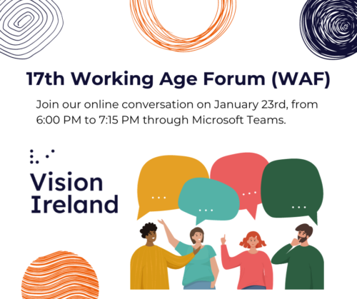Colourful event poster for 17th Working Age Forum (WAF). The text says: "Join our online conversation on January 23rd, from 6:00 PM to 7:15 PM through Microsoft Teams". There is an illustration showing four people of different genders and skin tones, wearing differently coloured shirts and talking to each other.