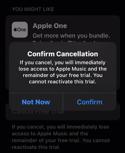 Confirm Cancellation message displaying on iPhone screen