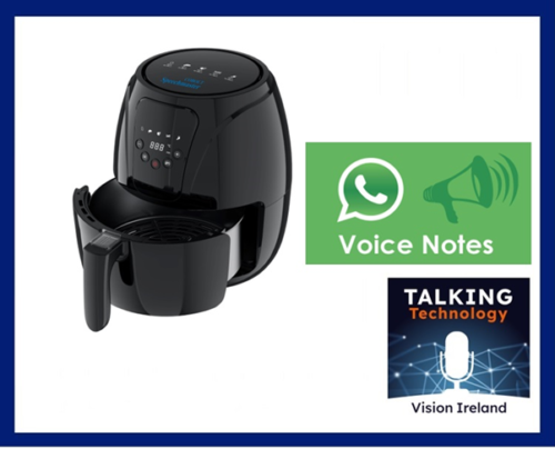 Talking air fryer from Cobolt next to WhatsApp logo and microphone