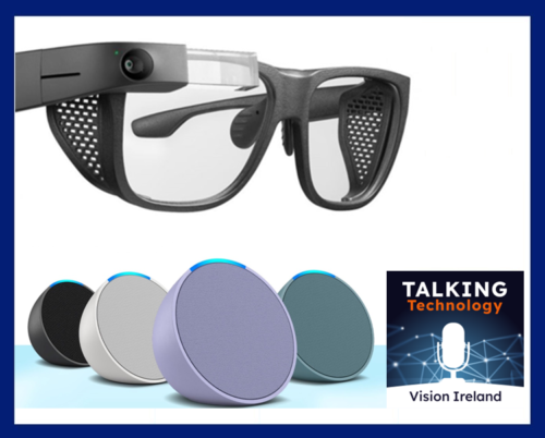 Envision AI Glasses next to range of Echo pop speakers