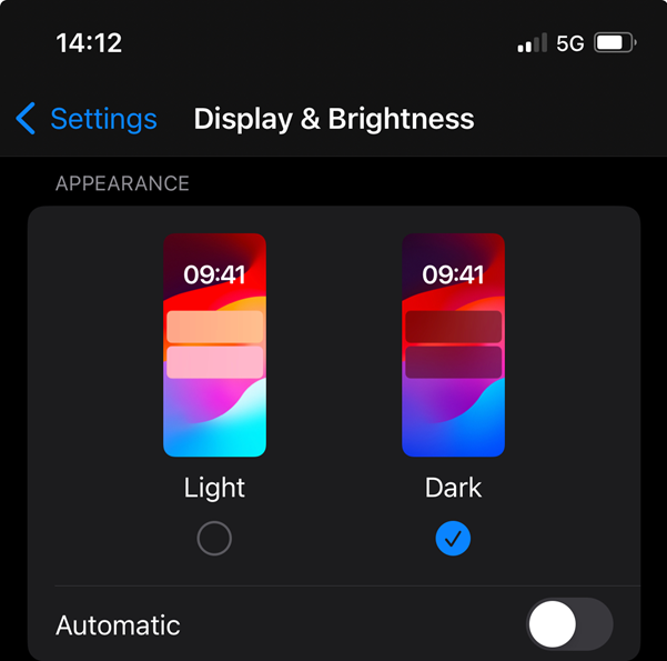 Dark Mode toggle switch on iOS